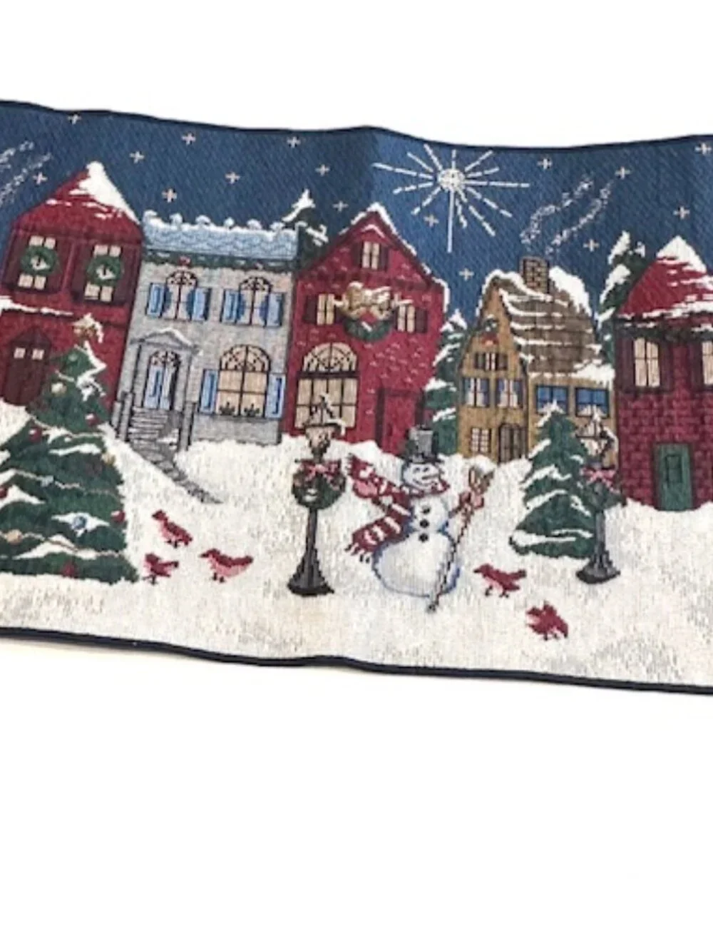 VTG Christmas Table Runner Tapestry Fringe Snowman Winter Village 31